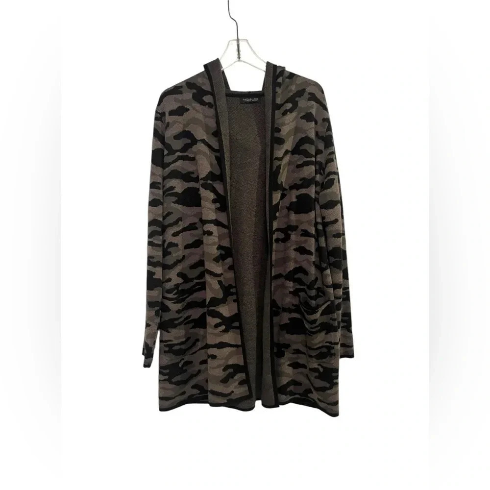 Women's Rachel Zoe Hooded Cardigan Sweater Green Black Camo Print Small Pockets